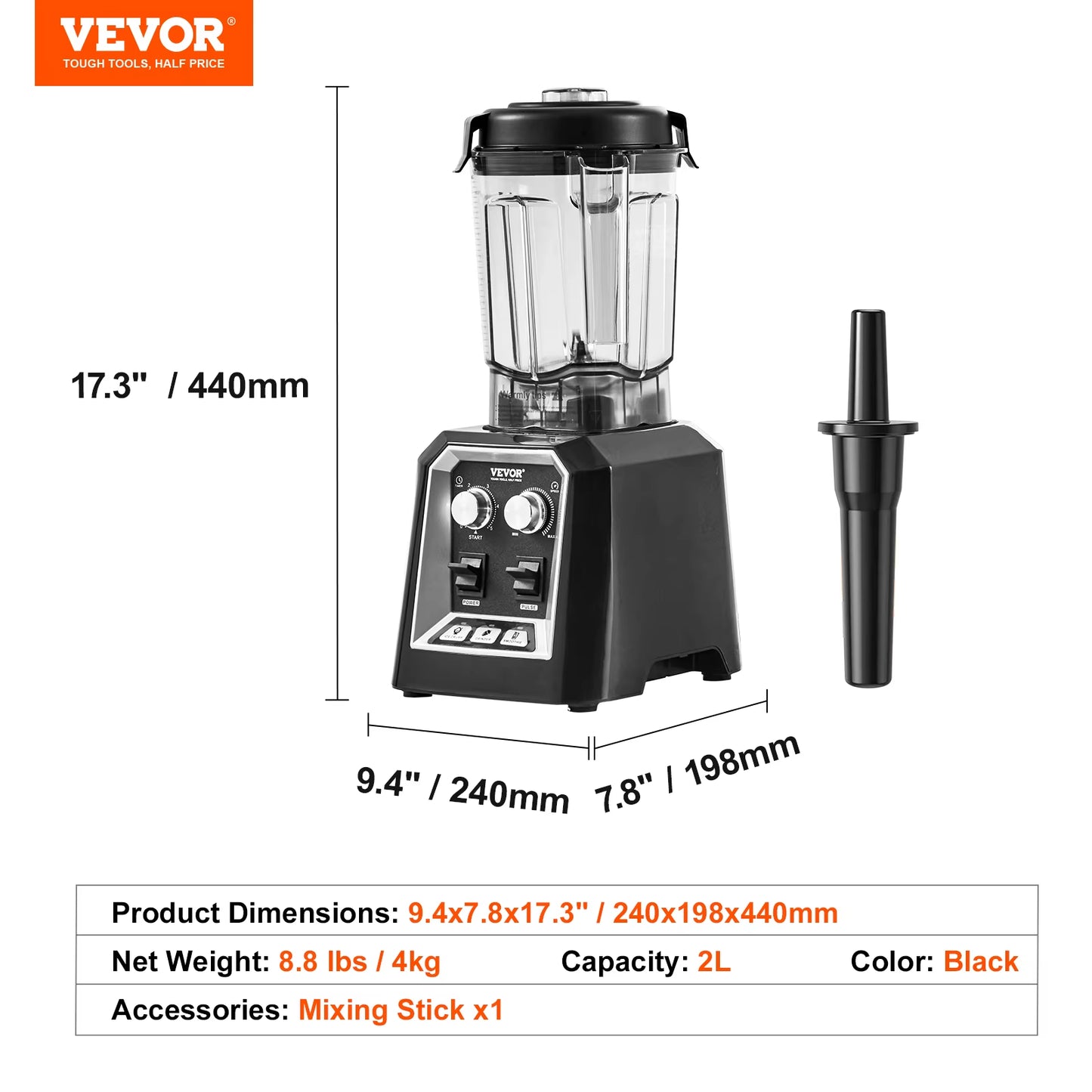 2L Smoothie Blender Professional Countertop Fruit Food Processor Mixer Maker with Stainless Steel for Home Kitchen Bar