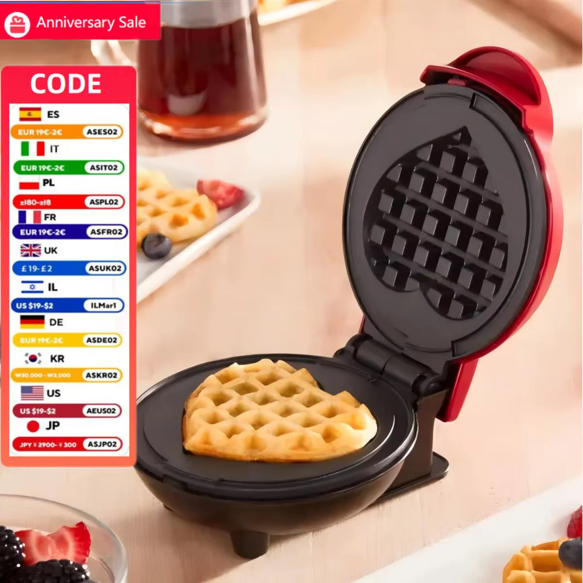 Multi Functional Mini Heart-Shaped Waffle Maker, Double-Sided Heated Breakfast Toaster, Portable Baking Machine