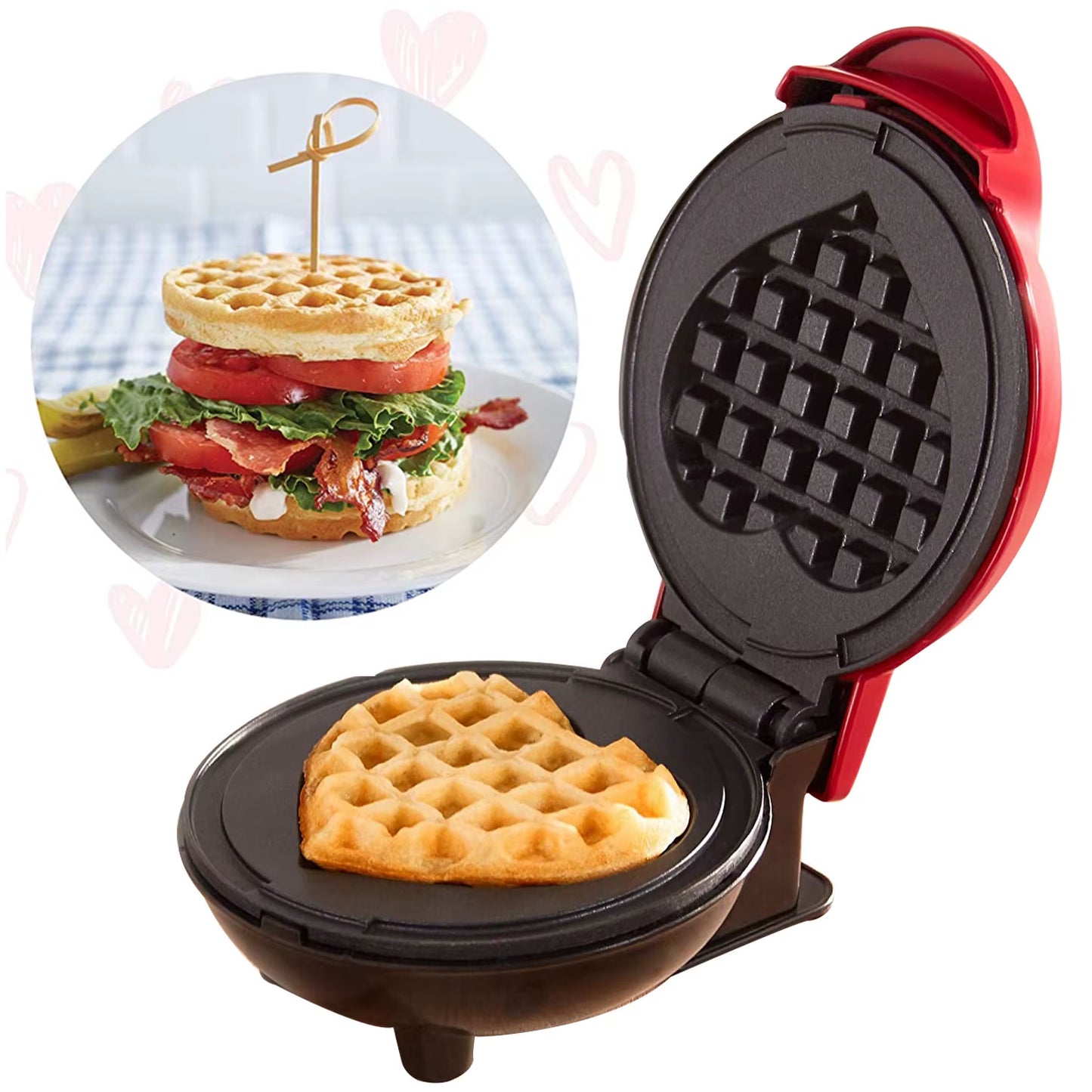 Multi Functional Mini Heart-Shaped Waffle Maker, Double-Sided Heated Breakfast Toaster, Portable Baking Machine