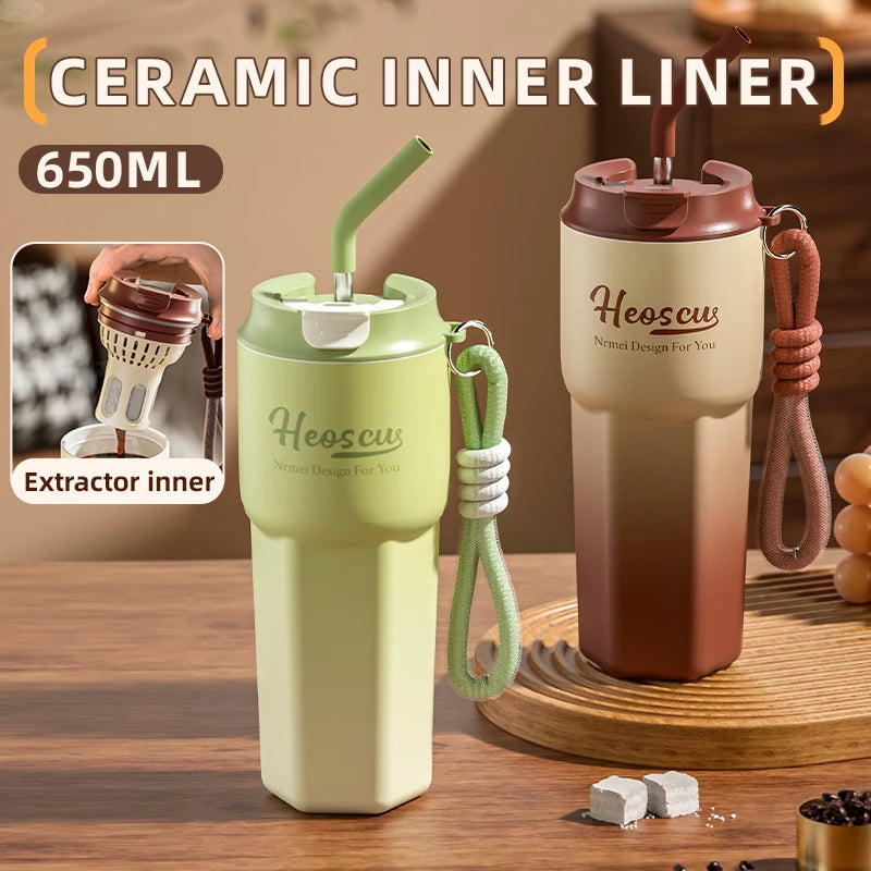 Stainless Steel Thermos Bottles with Straw Lid Outdoor Portable Milk Coffee Cups Leak-Proof Insulated Coffee Mug with Extractor