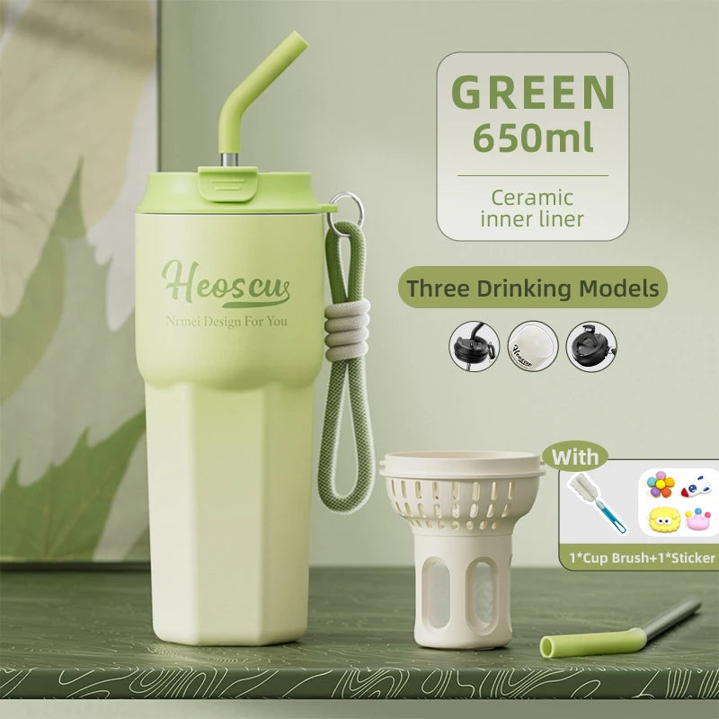 Stainless Steel Thermos Bottles with Straw Lid Outdoor Portable Milk Coffee Cups Leak-Proof Insulated Coffee Mug with Extractor