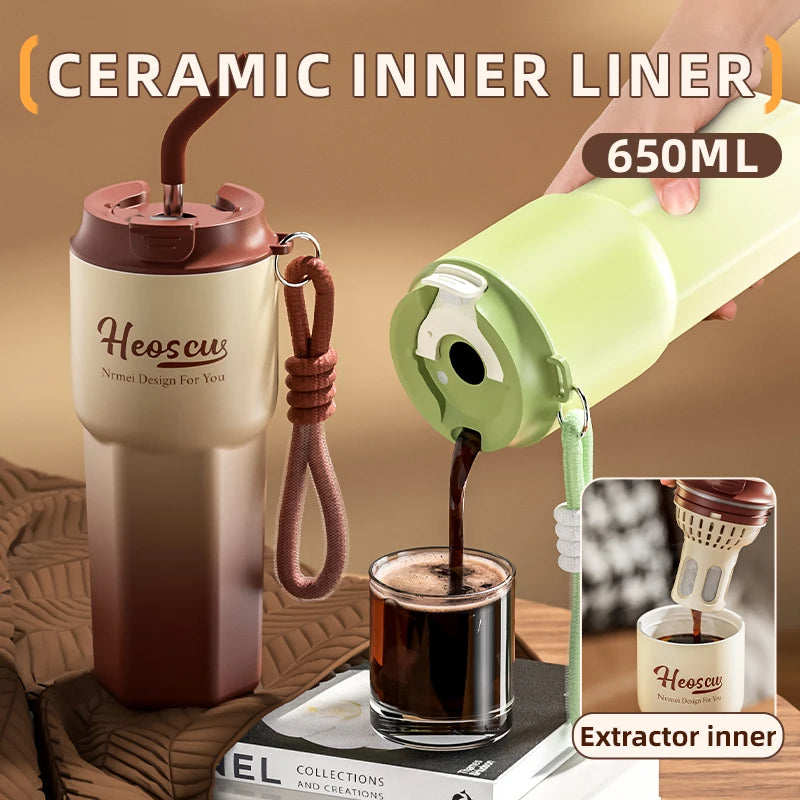 Stainless Steel Thermos Bottles with Straw Lid Outdoor Portable Milk Coffee Cups Leak-Proof Insulated Coffee Mug with Extractor