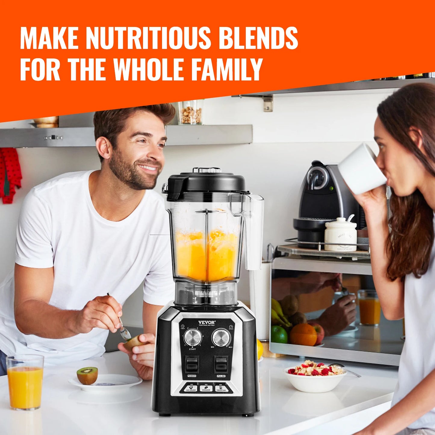 2L Smoothie Blender Professional Countertop Fruit Food Processor Mixer Maker with Stainless Steel for Home Kitchen Bar