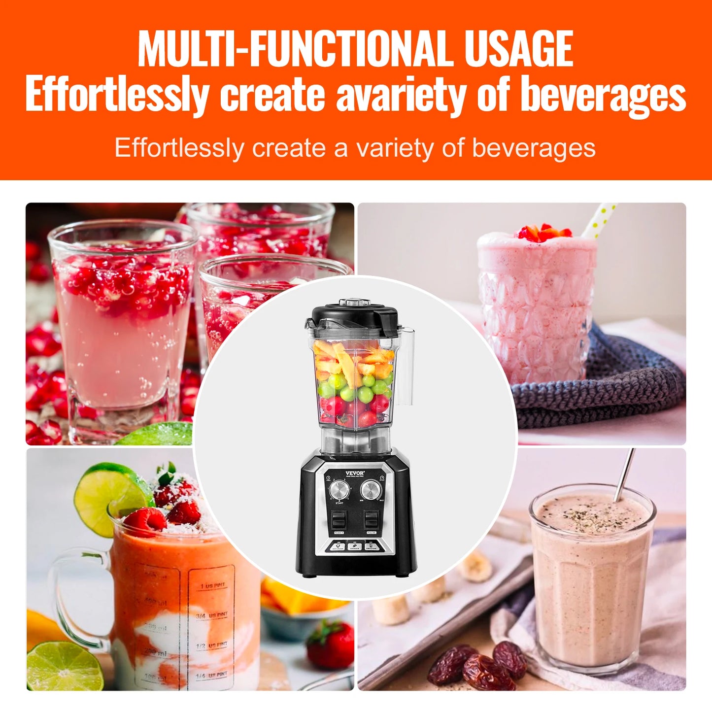 2L Smoothie Blender Professional Countertop Fruit Food Processor Mixer Maker with Stainless Steel for Home Kitchen Bar