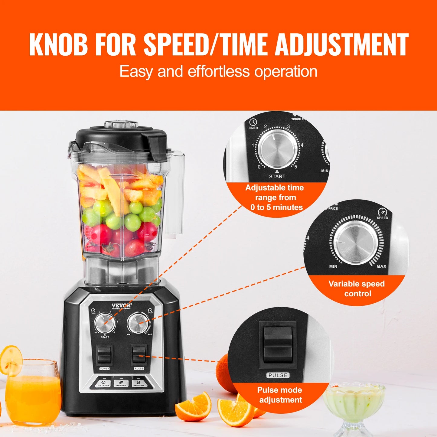 2L Smoothie Blender Professional Countertop Fruit Food Processor Mixer Maker with Stainless Steel for Home Kitchen Bar