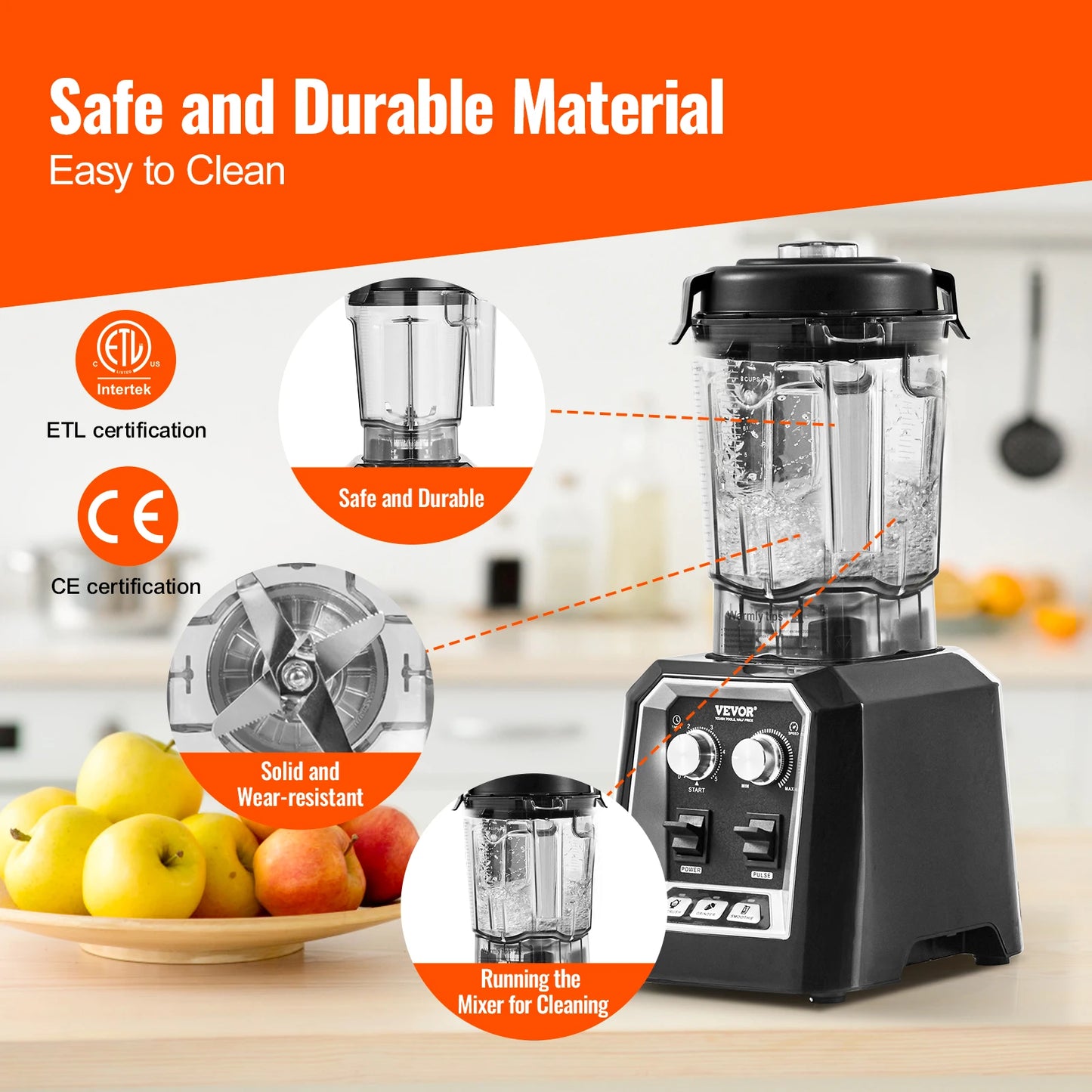 2L Smoothie Blender Professional Countertop Fruit Food Processor Mixer Maker with Stainless Steel for Home Kitchen Bar