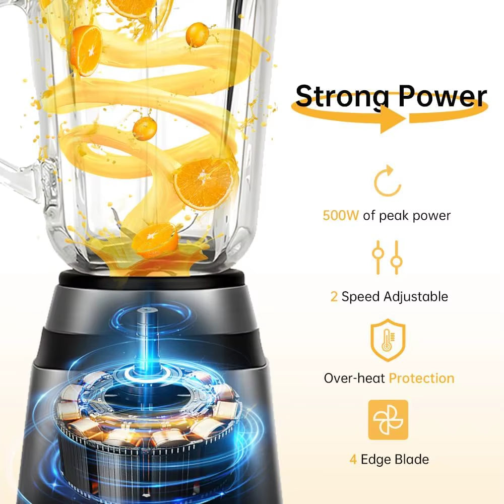 Personal Size Smoothie Blender with Cup for Kitchen 500W Stainless Steel Small Blender 2 Speed Adjustable with 48Oz Glass Jar Do