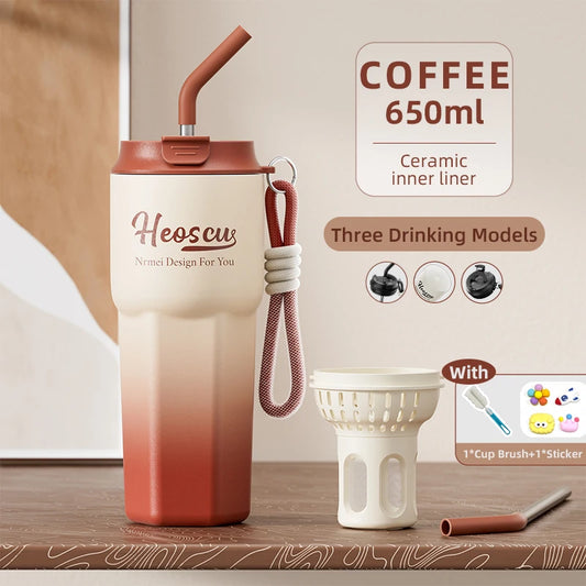 Stainless Steel Thermos Bottles with Straw Lid Outdoor Portable Milk Coffee Cups Leak-Proof Insulated Coffee Mug with Extractor