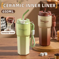 Stainless Steel Thermos Bottles with Straw Lid Outdoor Portable Milk Coffee Cups Leak-Proof Insulated Coffee Mug with Extractor