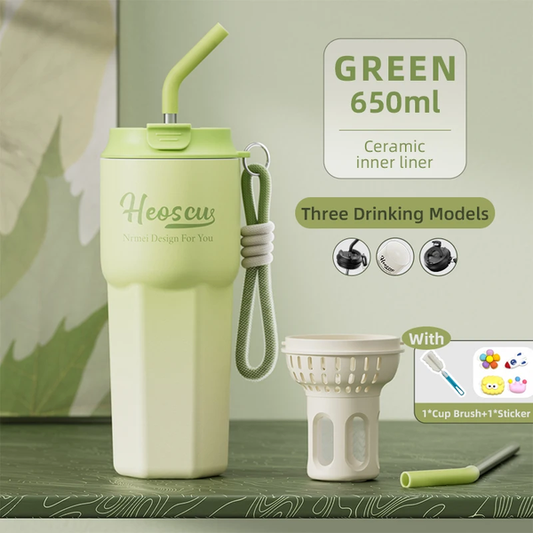 Stainless Steel Thermos Bottles with Straw Lid Outdoor Portable Milk Coffee Cups Leak-Proof Insulated Coffee Mug with Extractor