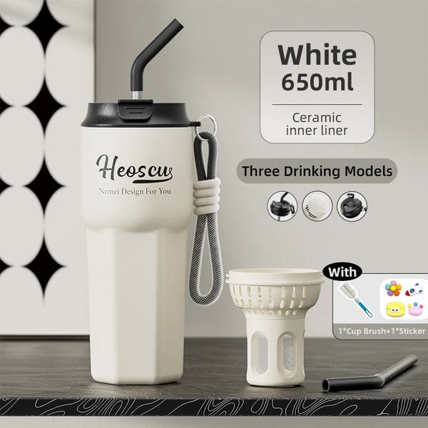 Stainless Steel Thermos Bottles with Straw Lid Outdoor Portable Milk Coffee Cups Leak-Proof Insulated Coffee Mug with Extractor
