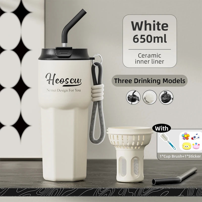Stainless Steel Thermos Bottles with Straw Lid Outdoor Portable Milk Coffee Cups Leak-Proof Insulated Coffee Mug with Extractor