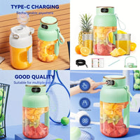 Portable USB Rechargeable Juicer Blender, 40Oz Compact Design, Dual Lids, Silicone Straw, Type-C Cable, Eco-Friendly for Fresh J