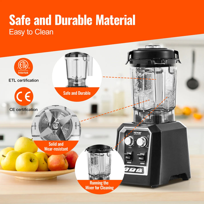 2L Smoothie Blender Professional Countertop Fruit Food Processor Mixer Maker with Stainless Steel for Home Kitchen Bar